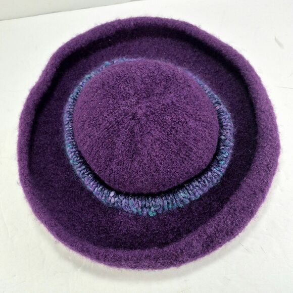 Handmade Purple Felted Wool Hat w/ Green Blue Crochet Band Boho Retro